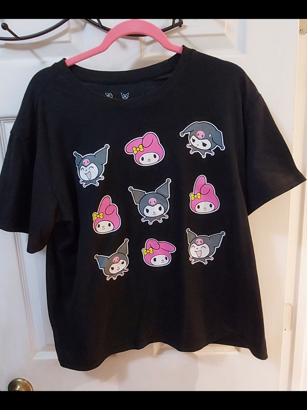 Sanrio Black Tee with Pink and Gray My Melody & Kuromi Icons